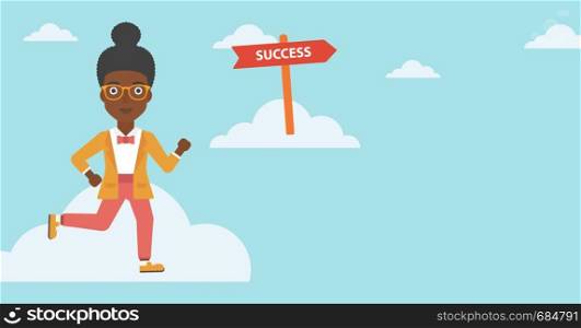 An african-american young business woman running in the sky near direction sign success. Vector flat design illustration. Horizontal layout.. Business woman moving to success.