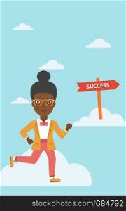 An african-american young business woman running in the sky near direction sign success. Vector flat design illustration. Vertical layout.. Business woman moving to success.