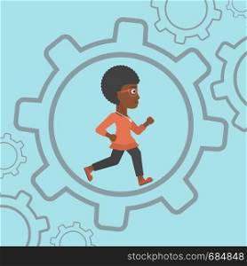 An african-american young business woman running inside a big cogwheel on a blue background. Vector flat design illustration. Square layout.. Business woman running inside the gear.