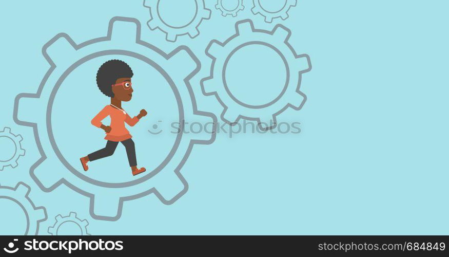 An african-american young business woman running inside a big cogwheel on a blue background. Vector flat design illustration. Horizontal layout.. Business woman running inside the gear.