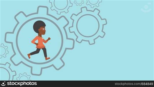 An african-american young business woman running inside a big cogwheel on a blue background. Vector flat design illustration. Horizontal layout.. Business woman running inside the gear.