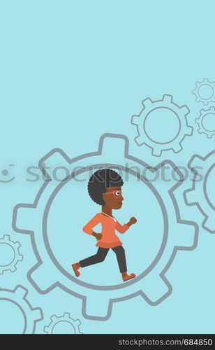 An african-american young business woman running inside a big cogwheel on a blue background. Vector flat design illustration. Vertical layout.. Business woman running inside the gear.