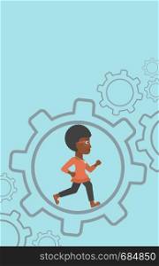 An african-american young business woman running inside a big cogwheel on a blue background. Vector flat design illustration. Vertical layout.. Business woman running inside the gear.