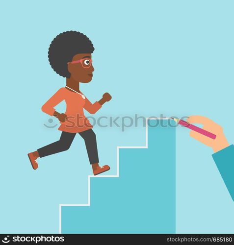 An african-american young business woman running up the stairs drawn by hand with pencile. Concept of business career. Vector flat design illustration. Square layout.. Businesswoman running upstairs vector illustration