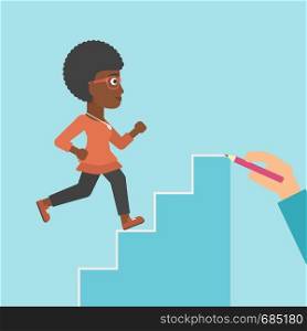 An african-american young business woman running up the stairs drawn by hand with pencile. Concept of business career. Vector flat design illustration. Square layout.. Businesswoman running upstairs vector illustration