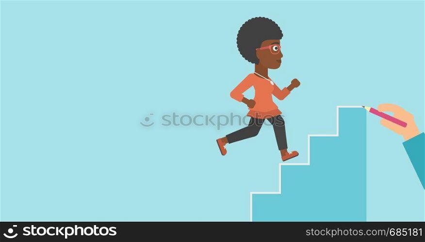An african-american young business woman running up the stairs drawn by hand with pencile. Concept of business career. Vector flat design illustration. Horizontal layout.. Businesswoman running upstairs vector illustration