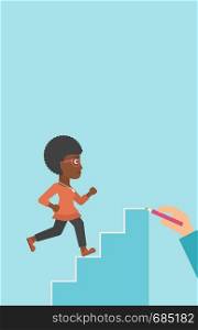 An african-american young business woman running up the stairs drawn by hand with pencile. Concept of business career. Vector flat design illustration. Vertical layout.. Businesswoman running upstairs vector illustration