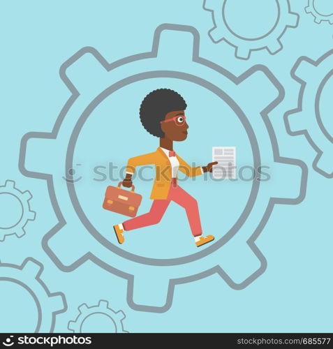 An african-american young business woman running with a briefcase and a document inside the gear. Concept of stress in business. Vector flat design illustration. Square layout.. Business woman running inside the gear.