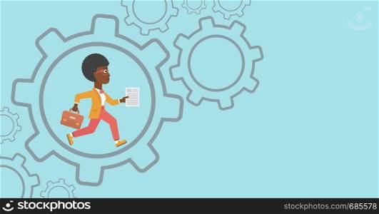 An african-american young business woman running with a briefcase and a document inside the gear. Concept of stress in business. Vector flat design illustration. Horizontal layout.. Business woman running inside the gear.