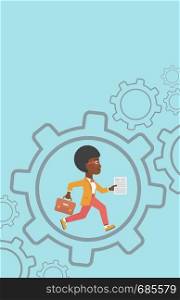 An african-american young business woman running with a briefcase and a document inside the gear. Concept of stress in business. Vector flat design illustration. Vertical layout.. Business woman running inside the gear.