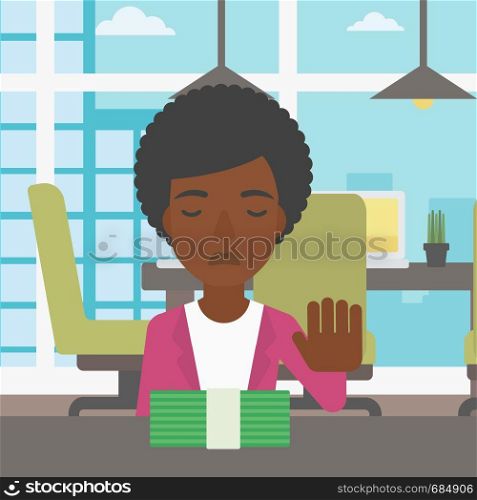 An african-american young business woman sitting at the table in office and moving dollar bills away. Vector flat design illustration. Square layout.. Woman refusing bribe vector illustration.