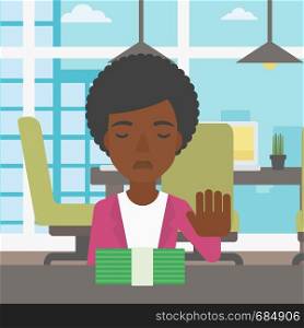 An african-american young business woman sitting at the table in office and moving dollar bills away. Vector flat design illustration. Square layout.. Woman refusing bribe vector illustration.