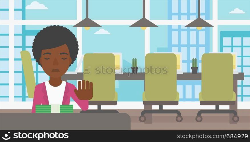 An african-american young business woman sitting at the table in office and moving dollar bills away. Vector flat design illustration. Horizontal layout.. Woman refusing bribe vector illustration.