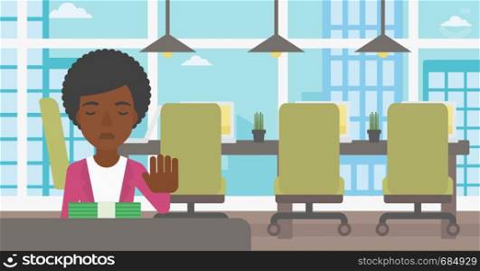 An african-american young business woman sitting at the table in office and moving dollar bills away. Vector flat design illustration. Horizontal layout.. Woman refusing bribe vector illustration.