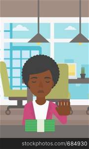 An african-american young business woman sitting at the table in office and moving dollar bills away. Vector flat design illustration. Vertical layout.. Woman refusing bribe vector illustration.
