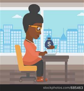 An african-american young business woman sitting at the table in office and a bag of money coming out of her laptop. Online business concept. Vector flat design illustration. Square layout.. Businesswoman earning money from online business.