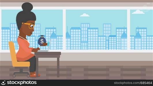 An african-american young business woman sitting at the table in office and a bag of money coming out of her laptop. Online business concept. Vector flat design illustration. Horizontal layout.. Businesswoman earning money from online business.
