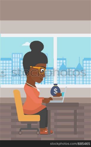 An african-american young business woman sitting at the table in office and a bag of money coming out of her laptop. Online business concept. Vector flat design illustration. Vertical layout.. Businesswoman earning money from online business.