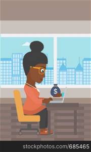 An african-american young business woman sitting at the table in office and a bag of money coming out of her laptop. Online business concept. Vector flat design illustration. Vertical layout.. Businesswoman earning money from online business.