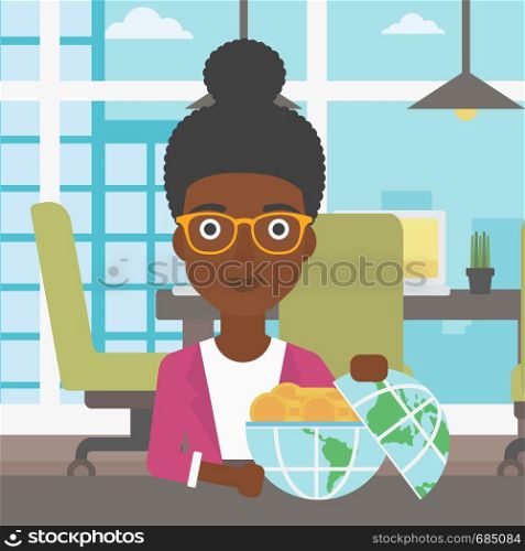 An african-american young business woman sitting at the table in office with a Earth globe full of gold coins. Concept of global business. Vector flat design illustration. Square layout.. Business woman with Earth globe full of money.
