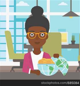 An african-american young business woman sitting at the table in office with a Earth globe full of gold coins. Concept of global business. Vector flat design illustration. Square layout.. Business woman with Earth globe full of money.