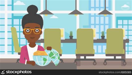 An african-american young business woman sitting at the table in office with a Earth globe full of gold coins. Concept of global business. Vector flat design illustration. Horizontal layout.. Business woman with Earth globe full of money.