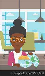 An african-american young business woman sitting at the table in office with a Earth globe full of gold coins. Concept of global business. Vector flat design illustration. Vertical layout.. Business woman with Earth globe full of money.