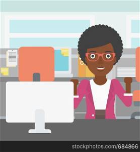 An african-american young business woman sitting at workplace in office and celebrating. Successful business concept. Vector flat design illustration. Square layout.. Successful business woman vector illustration.