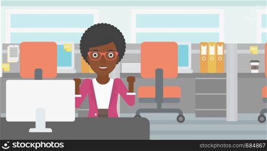An african-american young business woman sitting at workplace in office and celebrating. Successful business concept. Vector flat design illustration. Horizontal layout.. Successful business woman vector illustration.