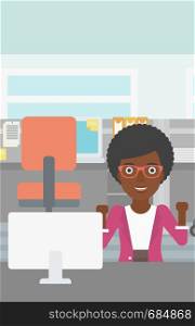 An african-american young business woman sitting at workplace in office and celebrating. Successful business concept. Vector flat design illustration. Vertical layout.. Successful business woman vector illustration.