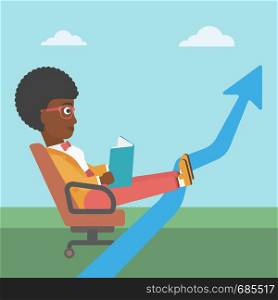 An african-american young business woman sitting in a chair and reading a book while her legs lay on an uprising arrow. Business study concept. Business Vector flat design illustration. Square layout.. Business woman reading book vector illustration.