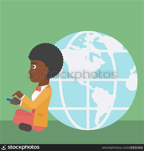 An african-american young business woman sitting near big Earth globe and holding a smartphone in hands. Concept of global business. Vector flat design illustration. Square layout.. Businessman sitting near Earth globe.