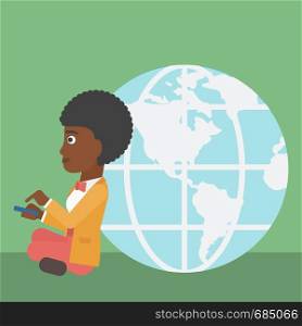 An african-american young business woman sitting near big Earth globe and holding a smartphone in hands. Concept of global business. Vector flat design illustration. Square layout.. Businessman sitting near Earth globe.