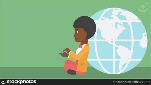 An african-american young business woman sitting near big Earth globe and holding a smartphone in hands. Concept of global business. Vector flat design illustration. Horizontal layout.. Businessman sitting near Earth globe.