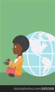 An african-american young business woman sitting near big Earth globe and holding a smartphone in hands. Concept of global business. Vector flat design illustration. Vertical layout.. Businessman sitting near Earth globe.