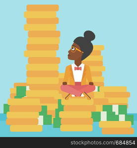 An african-american young business woman sitting on stack of golden coins and looking up to the biggest one. Successful business concept. Vector flat design illustration. Square layout.. Business woman sitting on gold vector illustration