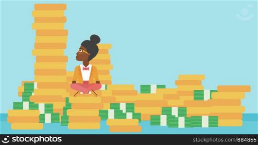 An african-american young business woman sitting on stack of golden coins and looking up to the biggest one. Successful business concept. Vector flat design illustration. Horizontal layout.. Business woman sitting on gold vector illustration