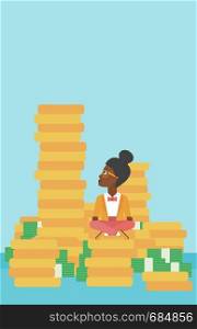 An african-american young business woman sitting on stack of golden coins and looking up to the biggest one. Successful business concept. Vector flat design illustration. Vertical layout.. Business woman sitting on gold vector illustration
