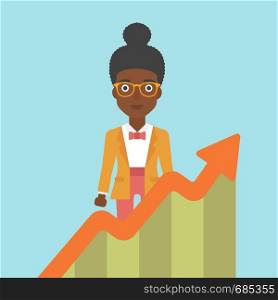 An african-american young business woman standing behind growing chart. Successful business concept. Vector flat design illustration. Square layout.. Business woman with growing chart.