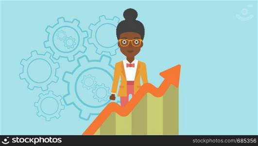 An african-american young business woman standing behind growing chart. Successful business concept. Vector flat design illustration. Horizontal layout.. Business woman with growing chart.