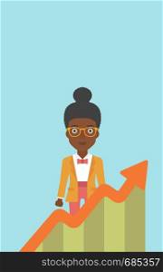 An african-american young business woman standing behind growing chart. Successful business concept. Vector flat design illustration. Vertical layout.. Business woman with growing chart.