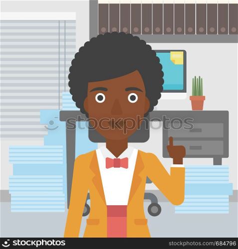 An african-american young business woman standing in the office and pointing up with her forefinger. Business idea concept. Vector flat design illustration. Square layout.. Businesswoman having business idea.