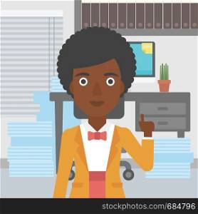 An african-american young business woman standing in the office and pointing up with her forefinger. Business idea concept. Vector flat design illustration. Square layout.. Businesswoman having business idea.