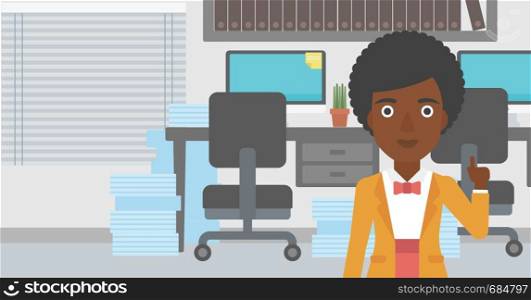 An african-american young business woman standing in the office and pointing up with her forefinger. Business idea concept. Vector flat design illustration. Horizontal layout.. Businesswoman having business idea.