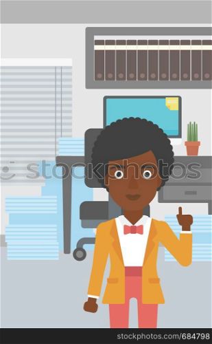 An african-american young business woman standing in the office and pointing up with her forefinger. Business idea concept. Vector flat design illustration. Vertical layout.. Businesswoman having business idea.