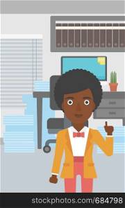 An african-american young business woman standing in the office and pointing up with her forefinger. Business idea concept. Vector flat design illustration. Vertical layout.. Businesswoman having business idea.