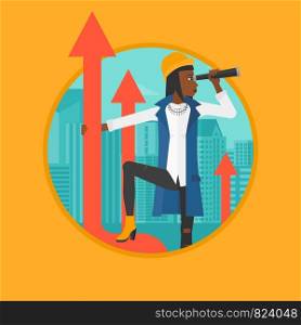 An african-american young business woman standing on the top of arrow and looking through spyglass. Concept of business vision. Vector flat design illustration in the circle isolated on background.. Business woman with spyglass on rising arrow.