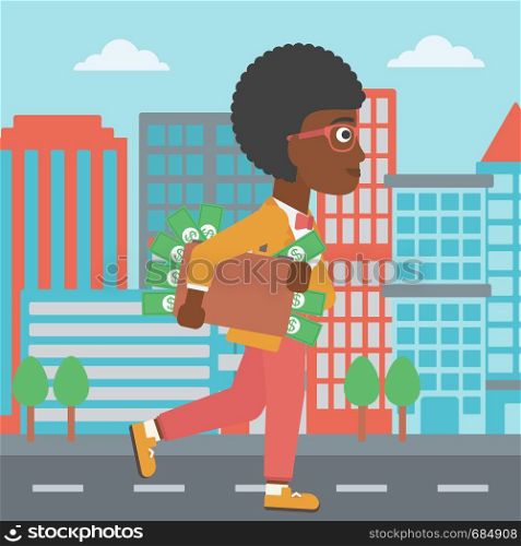 An african-american young business woman walking in the city with suitcase full of money. Vector flat design illustration. Square layout.. Woman with suitcase full of money.