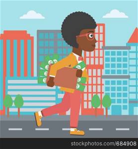 An african-american young business woman walking in the city with suitcase full of money. Vector flat design illustration. Square layout.. Woman with suitcase full of money.