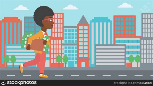 An african-american young business woman walking in the city with suitcase full of money. Vector flat design illustration. Horizontal layout.. Woman with suitcase full of money.